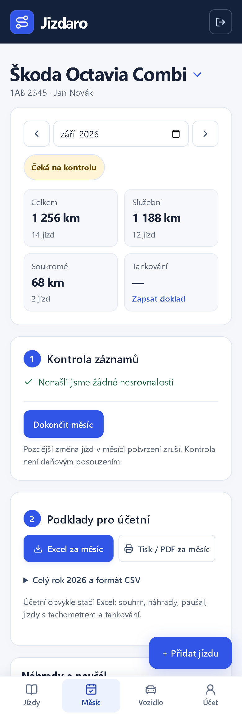 Obrazovka Měsíc v aplikaci Jizdaro za září 2026: celkem 1 256 km, služební 1 188 km, soukromé 68 km, kontrola záznamů bez nesrovnalostí.