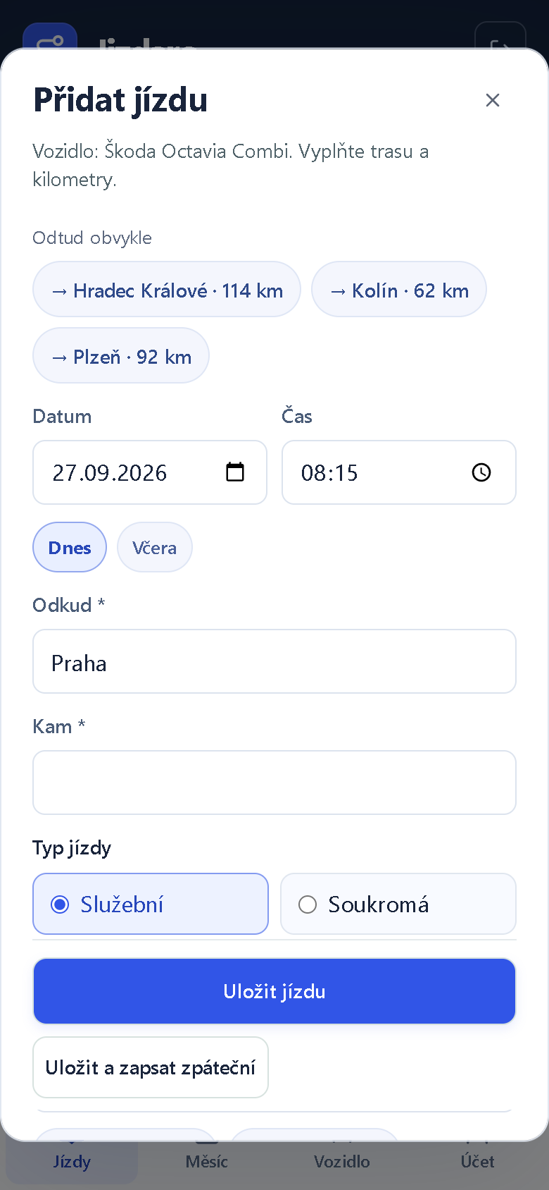 Formulář Přidat jízdu v aplikaci Jizdaro: tlačítka častých tras z Prahy a předvyplněné místo Odkud: Praha.